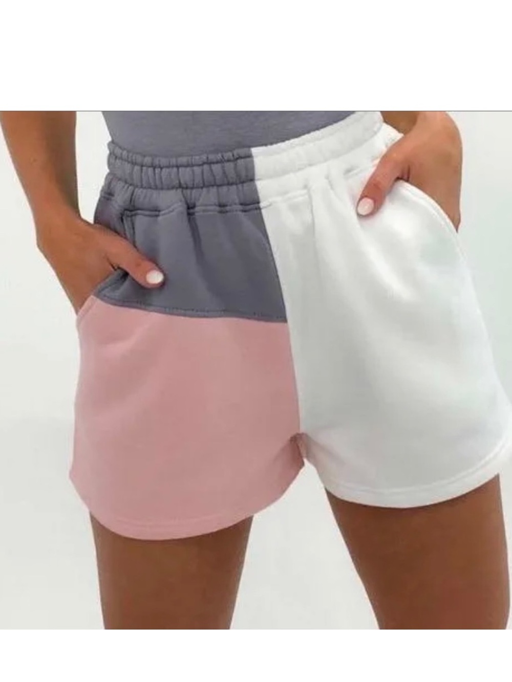 Missguided + Colorblock Elastic-Waist Shorts — Pink, Gray & White